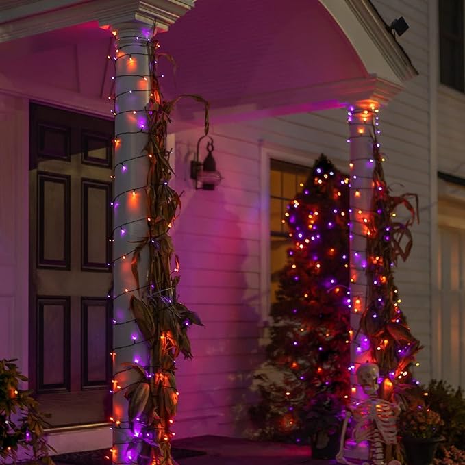 Dazzle Bright 2 Pack Total 400LED 132FT Halloween Solar String Outdoor Lights, 8 Modes Waterproof Halloween Lights for Bedroom Patio Garden Tree Party Yard Decoration (Purple & Orange)