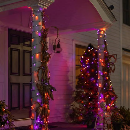 Dazzle Bright 2 Pack Total 400LED 132FT Halloween Solar String Outdoor Lights, 8 Modes Waterproof Halloween Lights for Bedroom Patio Garden Tree Party Yard Decoration (Purple & Orange)