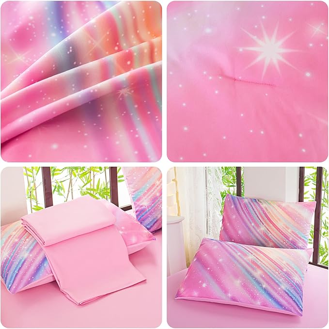 Full Size Bedding Sets Kids Bedding Sets for Girls,Galaxy Bedding 7pieces Glitter Pink Comforter, Colorful Comforter Full Size Comforter Sets for Teen Girls