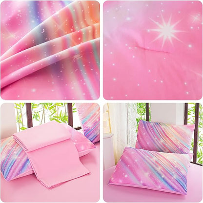Full Size Bedding Sets Kids Bedding Sets for Girls,Galaxy Bedding 7pieces Glitter Pink Comforter, Colorful Comforter Full Size Comforter Sets for Teen Girls