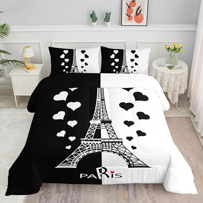 Datura home Kids Comforter Set Eiffel Tower Printed Pattern Bedding Set with 1 Comforter and 2 Pillowcases for Girls Boys Bedroom All Season(Tower1 Twin)