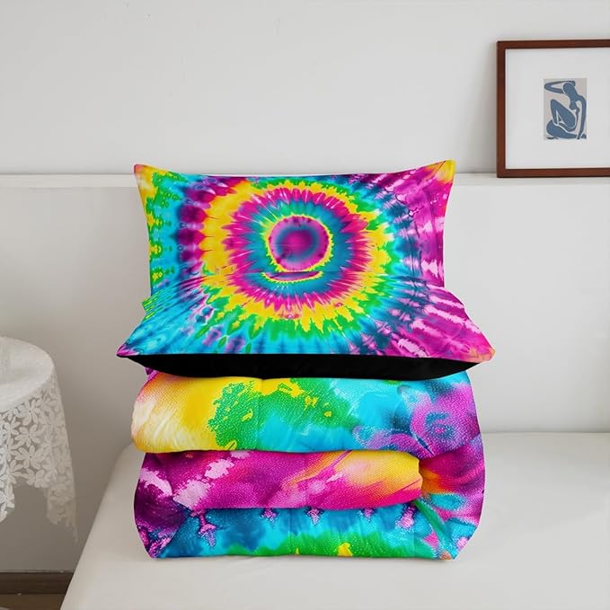 2 Piece Rainbow Tie Dye Comforter Set with 1 Pillowcase Boho Psychedelic Bedding Set for Kids Girls Teens Bohemian Gypsy Exotic Spiral Quilted Duvet Soft Comfy, Watercolor Art Down Comforter,Twin