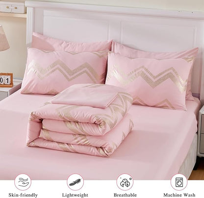 Wowelife Girl Bedding Sets Pink Comforter for Queen Size Bed 7 Pieces Gold Glitter Foil Queen Bedding Set Teen Girl Bedding Pink Full Kids Bedroom Beding Sets with 2 Pillow Shams and 2 Pillowcase