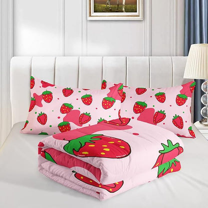 Kawaii Comforter Full,Pink Strawberry Comforter Set for Kids Teens Girls,3Pcs Bedding Set Printed Comforter with 2 Pillowcases,Down Alternative,Soft and Lightweight，Full Size
