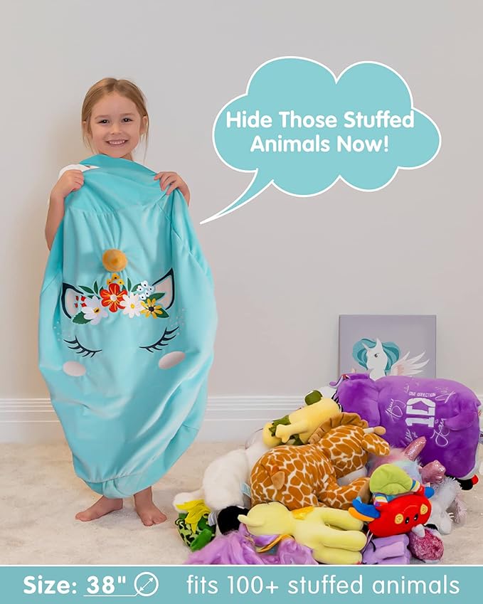 Aubliss Stuffed Animal Storage, Velvet Bean Bag Chairs Cover, X-Large 38" Ultra Soft Kids Toy Storage Organizer for Blankets Towels Clothes Toys, Cyan Floral