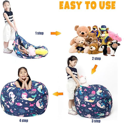 Stuffed Animal Storage Bean Bag Chair Cover, Hold Kids Plush Toys Blankets Towels Beanbag (Cover Only), Canvas Floor Circle Stuff Sit Seat Sofa with YKK Zipper, Large 32",