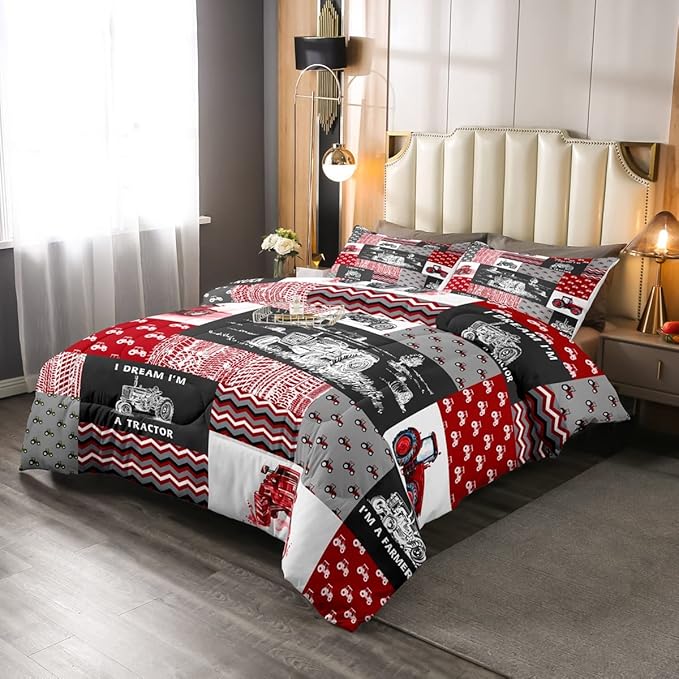 Erosebridal Red Tractor Bedding Set for Boys Full,Construction Tractor Comforter Set Kids Teens Equipment Trucks Down Comforter Black White Construction Vehicle Quilt Set Bedroom Decor