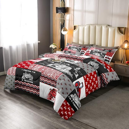 Erosebridal Red Tractor Bedding Set for Boys Full,Construction Tractor Comforter Set Kids Teens Equipment Trucks Down Comforter Black White Construction Vehicle Quilt Set Bedroom Decor