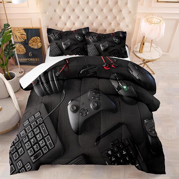 Gamer Queen Size Comforter Set for Boys Girls Kids 3D Gaming Lightweight Microfiber Quilts Video Game Bedding Sets Room Decor (Color 1,Queen)