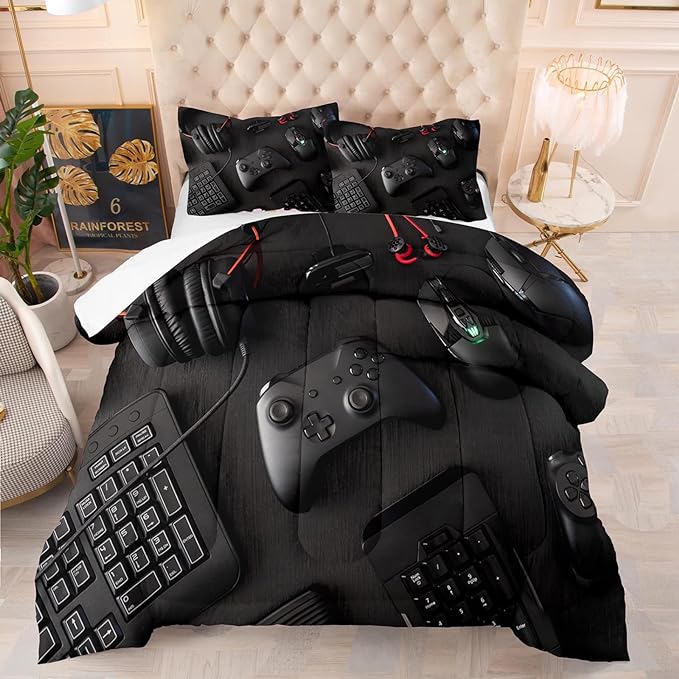 boys Gamer Comforter Set King Size,Gaming Comforter Set for Boys Kids Teens,Gamer Bedding Sets,3D Gaming Microfiber Quilts Gaming Room Decor All Season,Black