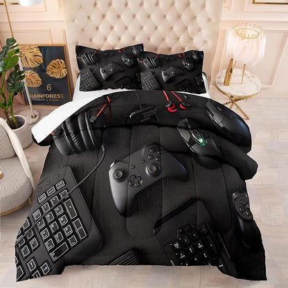 boys Gamer Comforter Set King Size,Gaming Comforter Set for Boys Kids Teens,Gamer Bedding Sets,3D Gaming Microfiber Quilts Gaming Room Decor All Season,Black