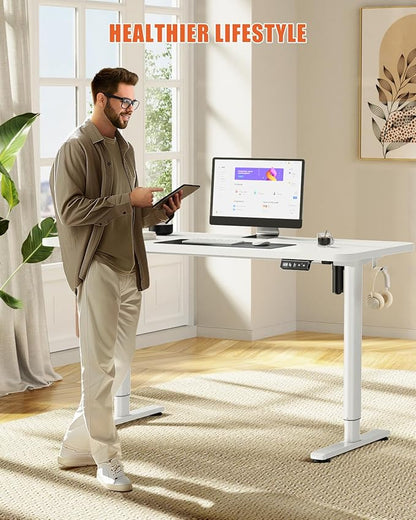 Electric Standing Desk Adjustable Height Stand Up Desk, 55" x 24" Sit Stand Desk, Low Noise Home Office Desk, Computer Desk with Splice Board, Child Lock & Memory Function, White