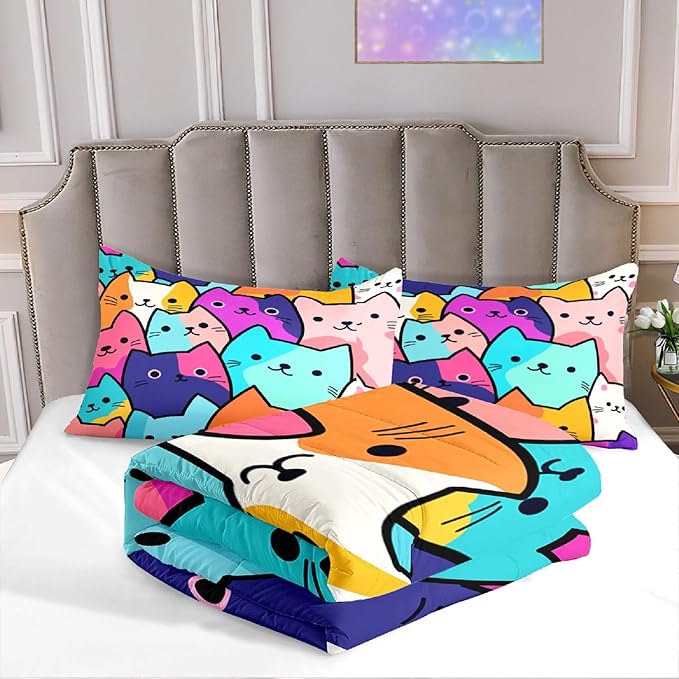 Cat Comforter Set Queen - Queen Size Colorful Cat Comforter Set for Kids Cute Cat Themed Bedding Queen Cartoon Cat Bedding for Girls, 1 Comforter+2 Pillowcases