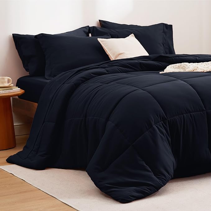 Bedsure Black Full Bed Set - 7 Pieces Solid Full Size Comforter Set, Full Bedding Set Black with Quilted Warm Fluffy Comforters, Sheets, Pillowcases & Shams