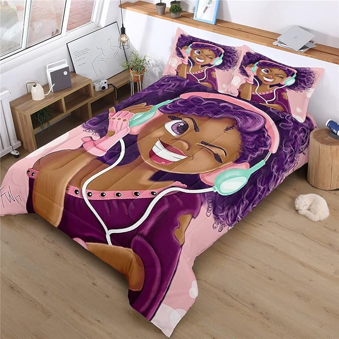 Twin Bedding Sets for Girls, Cute African American Black Girl Magic Comforter Set, Pink Bed Set for Toddler Kids Teenager, Gift for Little Girls Bedroom Decor, 1 Comforter with 2 Pillowcases