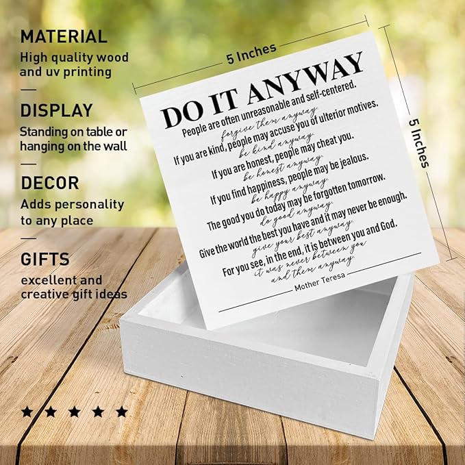 Home Office Desk Wooden Box Sign Decor, Do It Anyway, Inspirational Quotes Desk Decor Motivational Desk Decorations for Women Men Student Therapist Office Classroom School Counselor