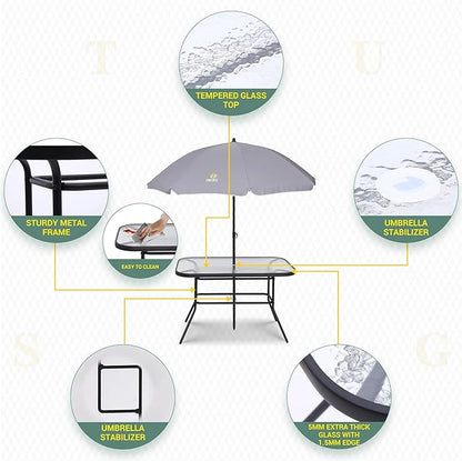 Nice C Outdoor Dining Sets, Patio Furniture Set, 8 Piece Set with Umbrella, Garden Outdoor Furniture Table Set with Tilted Removable Umbrella, Glass Table, and 6 Folding Chairs (Grey)