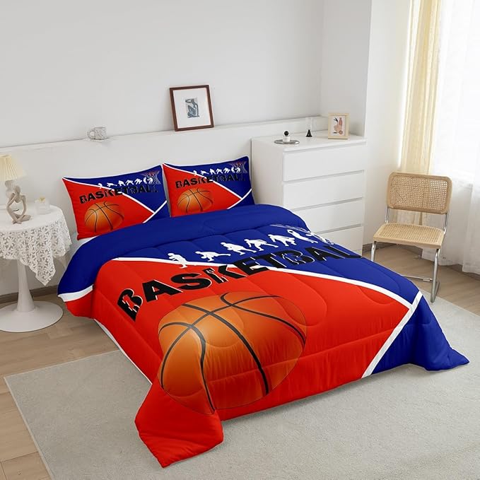 Erosebridal Basketball Queen Bedding Sets For Boys Girls Basketball Player Comforter Set Sports Bedding Comforter Sets For Kids Teen Orange Blue Geometric Quilt Duvet 2 Pillow Cases Bedroom Dorm Decor