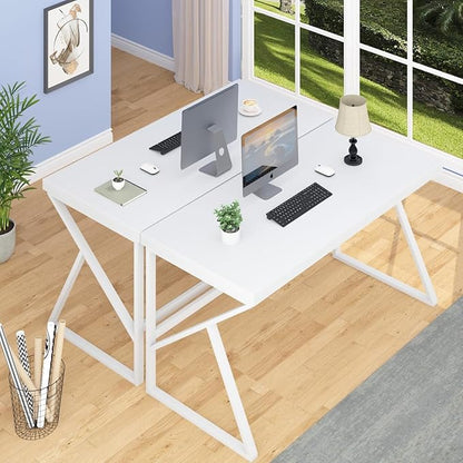 HSH White Computer Desk, Modern Wood Home Office Desk, PC Desk for Executive Work Writing Study Gaming Student Bedroom, Farmhouse Simple Wooden and Metal Computer Table Workstation, White Oak 55 Inch