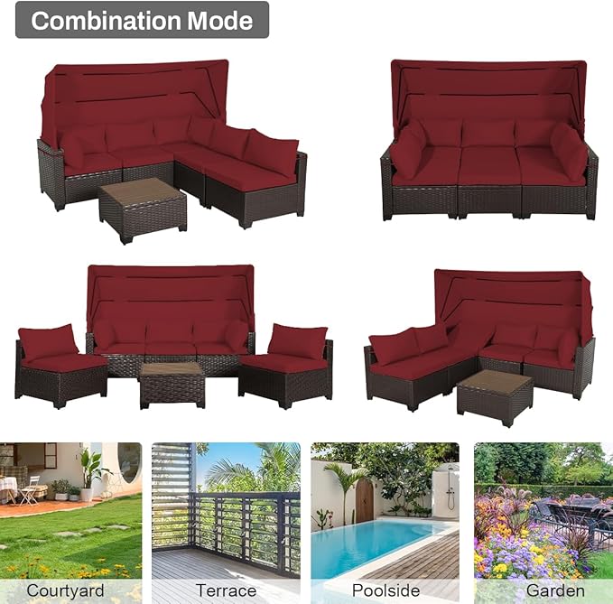 6 PCS Outdoor Patio Furniture Set,Sectional Sofa Set,Rattan Daybed with Retractable Canopy,Adjustable Backrest,Storage Coffee Table,Chaise Chair Sunbed for Porch Garden Poolside Backyard(Red)