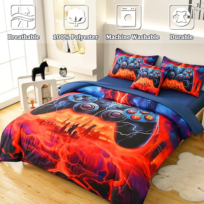 Game Console Full Comforter Set with Sheets, Microfiber 6 Pcs Bed in A Bag Full Size Gamer Bedding Set for Boys Kids Teens