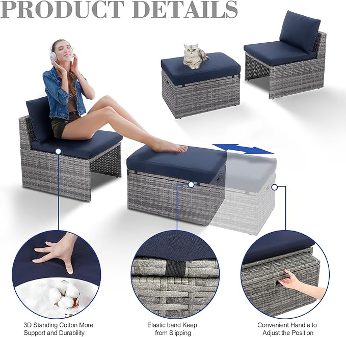 BACKYARD EXPRESSIONS PATIO · HOME · GARDEN w Backyard Expressions 2 Pc. Outdoor Conversation Chair Set with Storage and Ottoman, 250lb Weight Capacity, Navy Blue/Grey Wicker