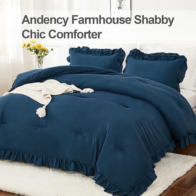 Andency Navy Blue Full Size Comforter Set(79x90Inch), 3 Pieces(1 Ruffle Comforter and 2 Pillowcases) Lightweight Fluffy Bedding Comforter Sets Full Bed, All Season Soft Microfiber Bedding Set