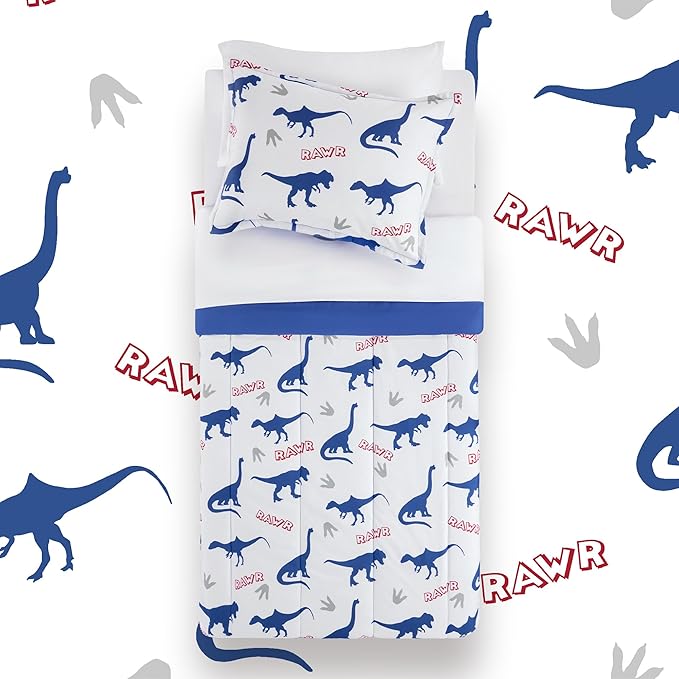 SLEEP ZONE Kids Bedding Set for Boys, Dinosaur Pattern, Super Soft and Breathable, All Season Use Comforter Set, 7 Pieces (Dinosaur Footprints, Full/Queen)
