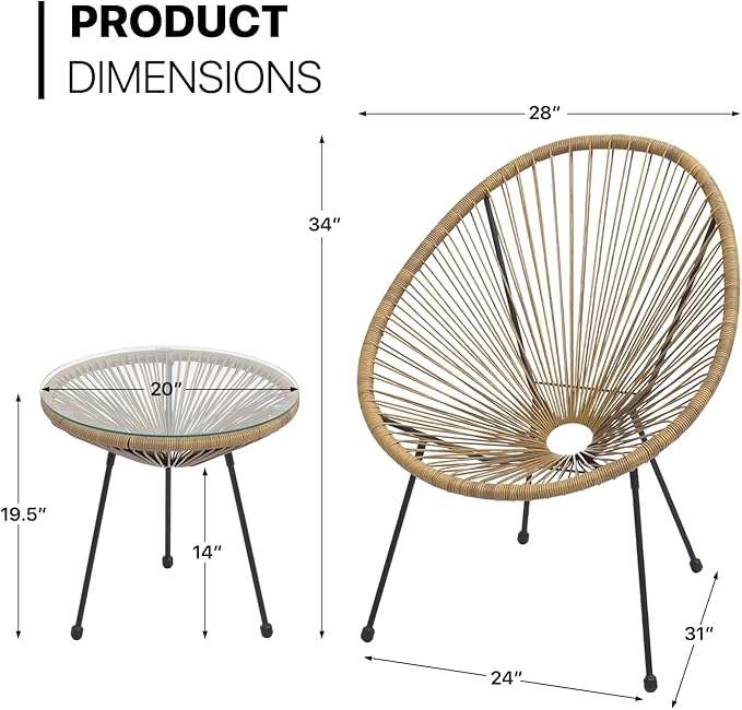 MoNiBloom 3 Piece Patio Set All Weather Outdoor Furniture Conversation Bistro Set with Plastic Rope, Glass Top Table and 2 Metal Steel Chairs for Garden Deck and Backyard Natural