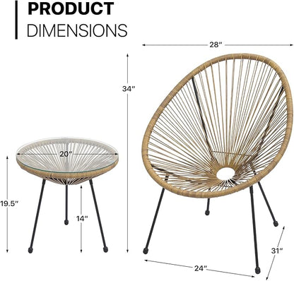MoNiBloom 3 Piece Patio Set All Weather Outdoor Furniture Conversation Bistro Set with Plastic Rope, Glass Top Table and 2 Metal Steel Chairs for Garden Deck and Backyard Natural