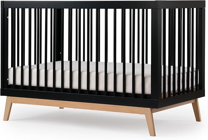 dadada Baby Soho 3-in-1 Convertible Crib to Toddler Bed – Wooden Crib Made in Italy, GREENGUARD Gold Certified Small Baby Crib – Baby-Safe Finish, Modern Design (Black/Natural)