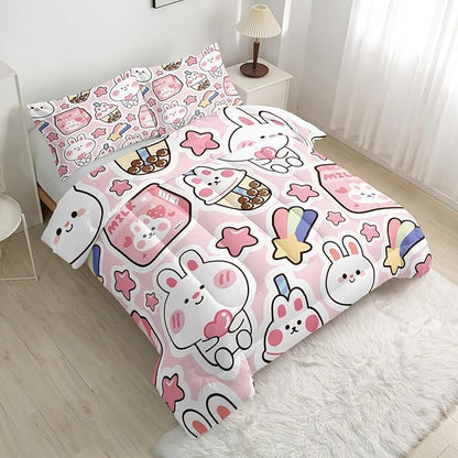 CVHOUSE Kawaii Bunny Comforter Sets King for Girls Women,Kawaii Bedding Sets King Set,Kawaii Bedspread,Kawaii Duvet,Kawaii Bed Set,Kawaii Quilt Set 3 Pcs 1 Comforter and 2 Pillowcases