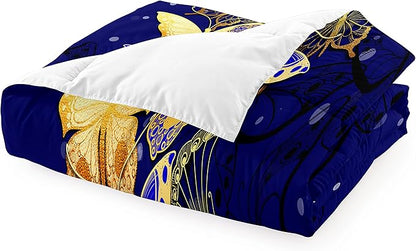 Butterfly Comforter Set, Bed Comforter Twin Set Bedroom Blue Gold Butterfly Bedding Sets for Girls Teens Retro Vintage Soft Quilt Set Twin Size, 2 Piece 1 Comforter + 1 Pillowcase