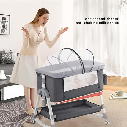 4 in 1 Baby Bassinet, Rocking Bassinets Bedside Sleeper with Comfy Mattress and Wheels, Height Adjustable Easy Folding Portable Bedside Crib for Newborn Infant,Dark Gray