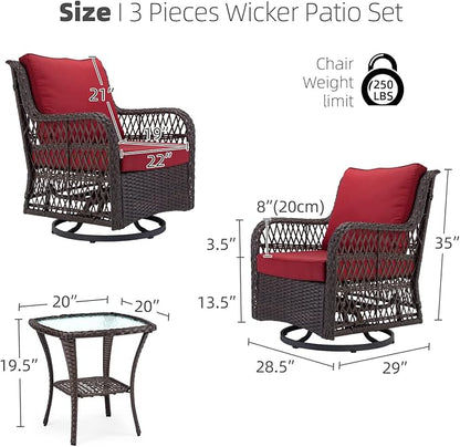 IDEALHOUSE 3 Pieces Outdoor Wicker Swivel Rocker Patio Set, 360-Degree Swivel Rocking Chair Elegant Wicker Patio Bistro Set with Tempered Glass Top Side Table (Red)