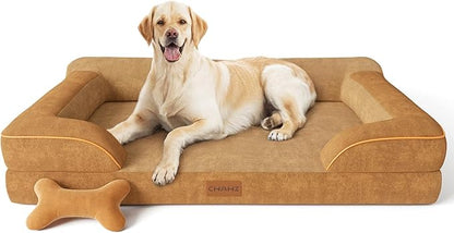 Jumbo Orthopedic Dog Bed for Extra Large Dogs With Cooling Gel Memory Foam, Waterproof, Removable Washable Cover, 45" Sofa Couch, Dutch Velvet With Bone Toy, Brown