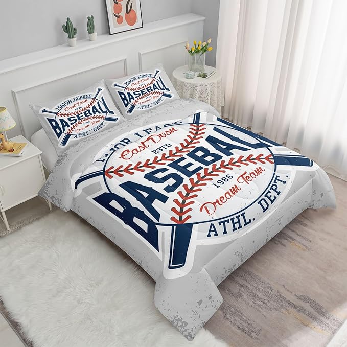 Datura home Baseball Comforter Set Vintage Grey Baseball Printed Quilt Bedding Set with 1 Comforter and 2 Pillowcases for Boys and Girls Bedroom All Season(Baseball Queen)