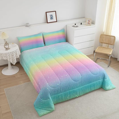 Rainbow Comforter Set King Size Tie Dye Pastel Bedding Comforter Sets for Boys Girls Kids Bedroom Decor, Glitter Galaxy Bedding Ink Pastel Printing Duvet Insert with 2 Pillowcases, Pink Blue Yellow