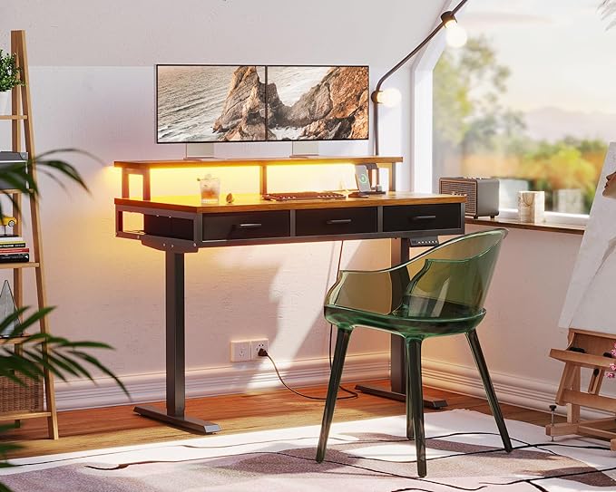 AODK 47 Inch Electric Standing Desk with 3 Drawers, Brown, Height Adjustable Desk with Power Outlets & LED Lights, Stand Up Desk with Monitor Shelf, Sit Stand Desk Computer Workstation