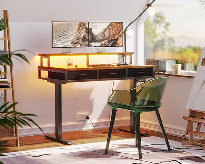 AODK 47 Inch Electric Standing Desk with 3 Drawers, Brown, Height Adjustable Desk with Power Outlets & LED Lights, Stand Up Desk with Monitor Shelf, Sit Stand Desk Computer Workstation