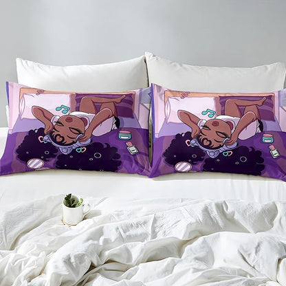 African American Girls Comforter Sets, Pretty Black Girls Love Music Purple Duvet, Fluffy Afro Gilrs Comforter Bedding Set, Queen Size Black Girls Magic Comforter Sets 1 Comforter +2 Pillowcases