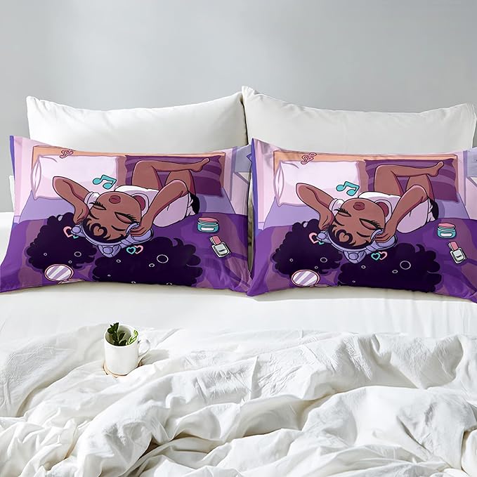 Black Girls Magic Comforter Sets, African American Girl Love Music Purple Designs Soft Fluffy Comforter Duvet, Full Size Afro Pretty Girls Comforter Set for Teens Kids Princess Cute Room Decor