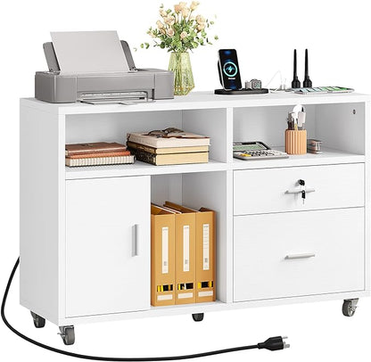 DWVO 2 Drawer File Cabinet with Charging Station, Mobile Filing Cabinet with Lock, White