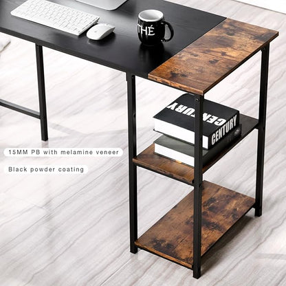 FurnitureR L-Shaped 58.3'' Corner Computer Desk with Storage Shelf Long Gaming Desk for Home Office PC Workstation Saving Space Laptop Table, Black and Brown