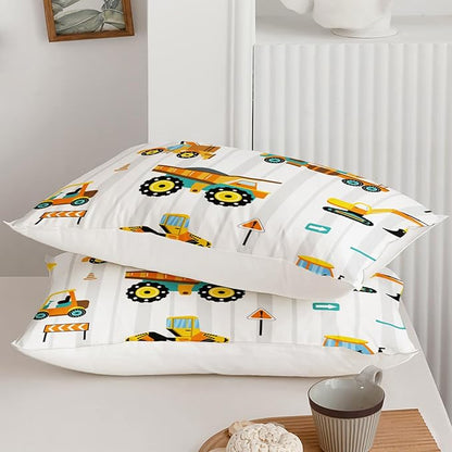 Axolotl Yellow Excavator Comforter Set Twin Size,Cartoon Excavator Bedding Set,Kids Machinery Truck Comforte Set,White Stripe Bedding Vehicle Car Decor for Kids Boys Teens,1 Quilt 2 Pillowcases