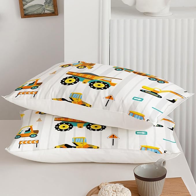 Axolotl Yellow Excavator Comforter Set Full Size,Cartoon Excavator Bedding Set,Kids Machinery Truck Comforte Set,White Stripe Bedding Vehicle Car Decor for Kids Boys Teens,1 Quilt 2 Pillowcases