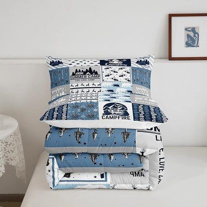 Erosebridal Happy Camping Bedding Set King Size for Boys Kids Teens, Camper Duvet Insert, Rustic Farmhouse Style Comforter Set, Sketch Drawing Camper Bedding, Camping Car Down Comforter, Blue