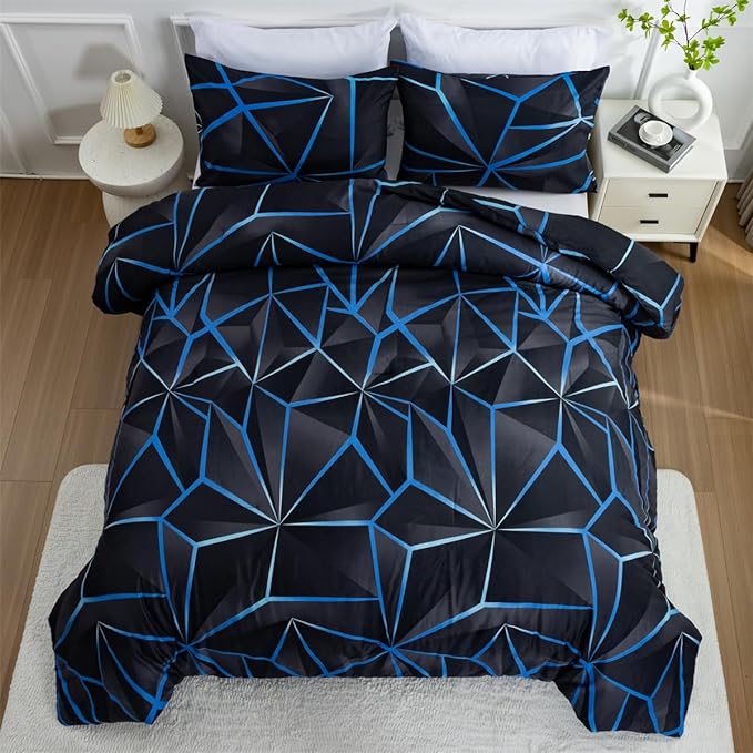 NTBED 3D Geometric Comforter Set for Boys Kids, Irregular Diamond Pattern Lightweight Microfiber Bedding Sets All Season (Dark Blue, Twin)