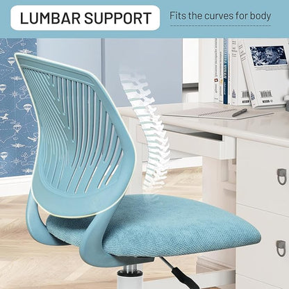 FurnitureR Kids Desk Chair, Small Mid Back Adjustable Swivel Computer Task Study Chair for Student, Fabric Armless Cute Rolling Children Office Chair, Light Blue