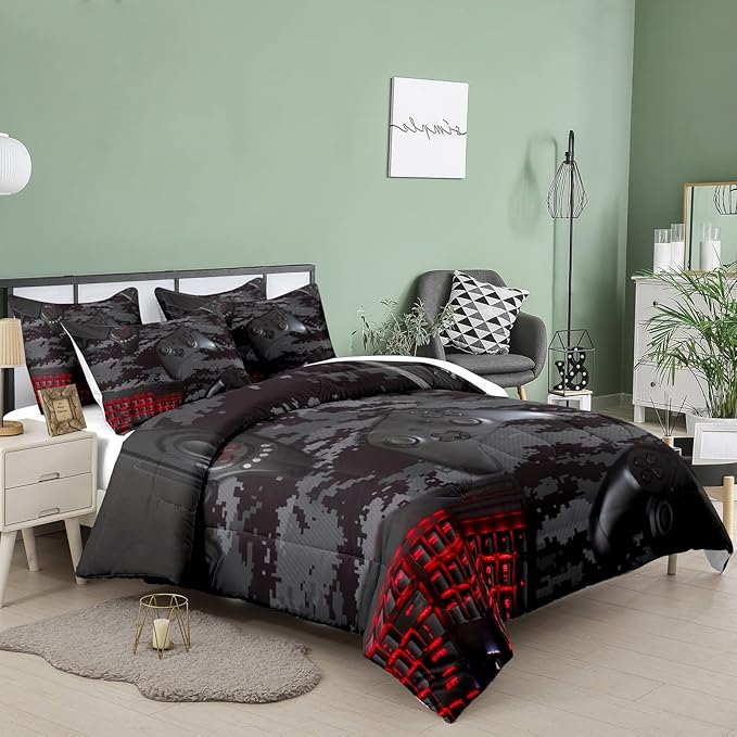Tailor Shop Gaming Comforter Set Twin Size for Boys, Black Camouflage Gamer Bedding Sets for Boys Kids Teenage, All Season 2 Piece Gaming Bed Set with 1 Comforter and 1 Matching Pillowcase